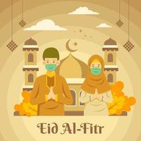 eid mubarak eller eid alfitr illustration med bärande mask förhindrar covid 19 vektor