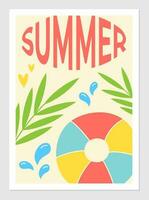 sommar affisch med hav strand element och objekt för semester. vektor illustration av boll, vatten droppar och tropisk växter. text design.