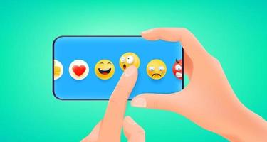 man håller smartphone och väljer emoji vektor