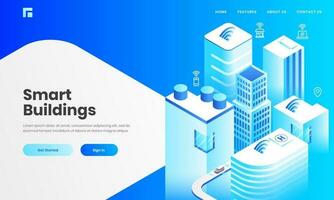 isometrisk se av skyskrapa byggnader med teknologi enheter genom internet nätverk för smart byggnad begrepp baserad landning sida design. vektor