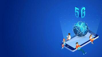 5g Handy, Mobiltelefon Internet Netzwerk Bedienung Konzept, 3d Illustration von Smartphone mit global Globus und Benutzer mit Neu Internet Daten Gerät. vektor