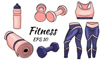 fitness set kläder hantlar och en matta för sport och yoga vektor