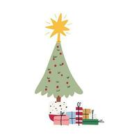 Hand gezeichnet Weihnachten Baum dekoriert mit Ornamente und Star auf Spitze, eben Vektor Illustration isoliert auf Weiß. süß Weihnachten Baum mit Stapel von Geschenk Kisten unter. Winter Urlaub Feier.