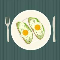 eben Illustration mit Toast mit gebraten Ei und Avocado auf ein Teller und ein Messer mit ein Gabel. das Illustration können Sein benutzt zum Restaurants, Cafés oder wie ein Illustration von täglich Leben. vektor