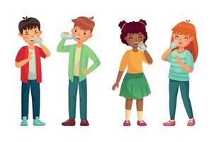 barn dryck glas av vatten. Lycklig pojke och flicka drycker. barn dricka hydratisering nivå vård vektor tecknad serie illustration