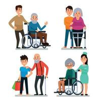 hjälp gammal Inaktiverad människor. social arbetstagare av volontär- gemenskap hjälper äldre medborgare på rullstol, senior med sockerrör vektor illustration