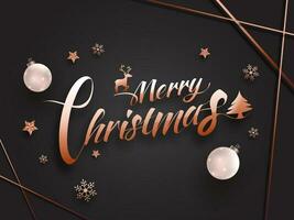 Kalligraphie von fröhlich Weihnachten mit Weihnachten Baum, Rentier und Kugeln auf schwarz Hintergrund. können Sein benutzt wie Gruß Karte Design. vektor