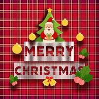 randig papper skära glad jul text med klingande klockor, xmas träd, järnek bär, hängande grannlåt och santa claus innehav en gåva låda på tartan mönster bakgrund. vektor