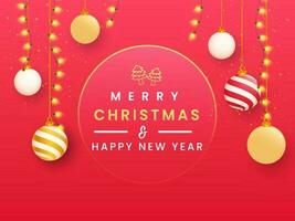 fröhlich Weihnachten und glücklich Neu Jahr Text mit Weihnachten Bäume, hängend 3d Kugeln und Beleuchtung Girlanden dekoriert rot Hintergrund. vektor
