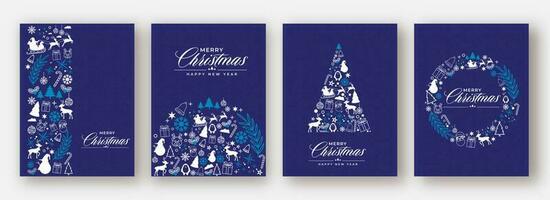 glad jul och Lycklig ny år hälsning kort eller mall design uppsättning i blå Färg med xmas festival element. vektor