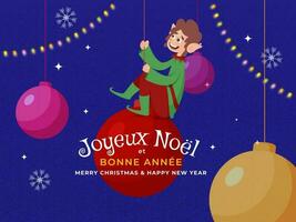fröhlich Weihnachten und glücklich Neu Jahr Text im Französisch Sprache mit Karikatur Elf Charakter, hängend Kugeln auf Blau Korn Textur Hintergrund. vektor