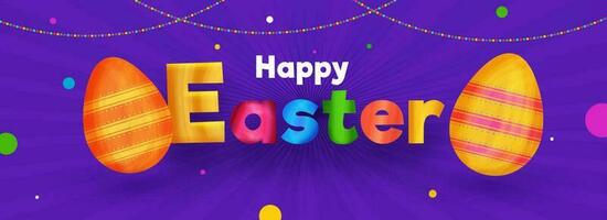 färgrik text av Lycklig påsk med ägg illustration på lila strålar bakgrund för firande begrepp. festival firande rubrik eller baner design. vektor