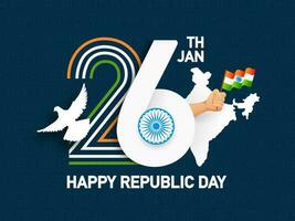 glücklich Republik Tag Feier Hintergrund mit kreativ 26 .. jan Text, Ashoka Rad, Papier Schnitt Taube, Hand halten indisch Flagge und Indien Karte. vektor
