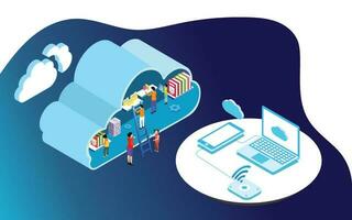 moln lagring begrepp baserad design, grundläggande företag element med moln server på skinande blå bakgrund. 3d illustration av människor upprätthålla data i moln lagring. vektor