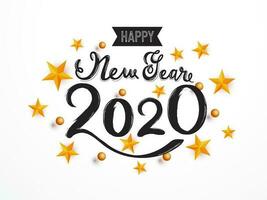 kreativ schwarz Text glücklich Neu Jahr 2020 dekoriert mit 3d Sterne und Kugeln auf Weiß Hintergrund. vektor