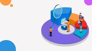 3d isometrisch Illustration von Kuchen Diagramm, Vergrößerung Glas und Geschäft Analytik Analyse das Daten zum finanziell Wachstum oder Daten Analyse Konzept Netz Banner Design. vektor