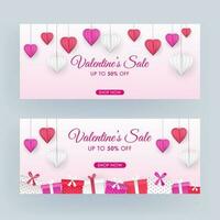 Valentinstag Tag Verkauf Header oder Banner Design einstellen mit Rabatt Angebot, Origami Papier Schnitt Herzen hängen und Geschenk Kisten dekoriert auf Rosa Hintergrund. vektor