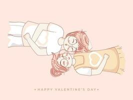 kärleksfull ung par liggande ner på rosa bakgrund för Lycklig hjärtans dag firande. vektor