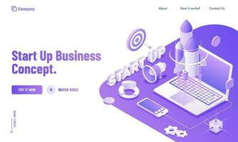 användare uppkopplad sjösättning deras projekt förbi bärbar dator och smartphone service app för Start upp företag begrepp hemsida affisch design. vektor