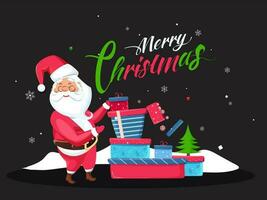 Kalligraphie Text von fröhlich Weihnachten mit Weihnachten Baum und Illustration von Santa claus halten Geschenk Kisten auf schwarz Hintergrund. können Sein benutzt wie Gruß Karte Design. vektor