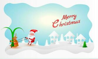Illustration von Santa claus Schleppen Rentier mit Haus und Weihnachten Baum auf abstrakt Hintergrund zum fröhlich Weihnachten Feier. vektor
