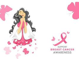 schön Frau beten Hände gefaltet mit Schmetterlinge dekoriert auf Weiß Hintergrund zum Unterstützung Brust Krebs Bewusstsein Konzept. vektor