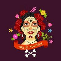 Illustration von catrina Gesicht dekoriert mit Blumen und gekreuzte Knochen auf lila Tays Hintergrund zum dia de Muertos Feier Konzept. vektor