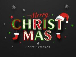 bunt Text von fröhlich Weihnachten dekoriert mit Santa Hut, Handschuh, Socke und Sterne auf schwarz Hintergrund zum glücklich Neu Jahr Feier. vektor