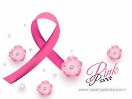 bröst cancer medvetenhet band med blommor och pärlor dekorerad på vit bakgrund för rosa kraft begrepp. vektor