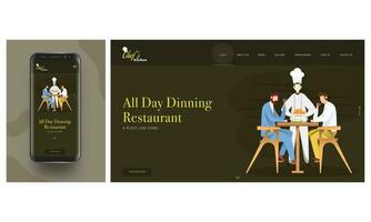 uppkopplad restaurang app i smart telefon med kock tjänande kyckling till kunder man Sammanträde på dining tabell. vektor