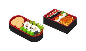 bento låda logotyp. japansk lunch låda. olika traditionell asiatisk mat tecknad serie stil vektor