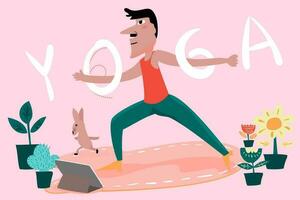 alt Mann tun Krieger Pose Yoga beim online Zuhause Übung. Ausbildung mit seine Haustier Hase Hase. gesund Lebensstil Wellness Konzept trainieren. Wohnung. ausüben mit Lehrer auf Tablette Smartphone Gadget vektor