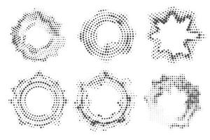 prickad cirkel mönster. abstrakt halvton runda. vektor ram med slumpmässig lutning gradering. grunge ringar design på vit bakgrund.