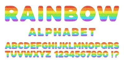 popping leksak font design - alfabet och tal uppsättning i stil av trendig kisel fidget leksaker i ljus färger. bubbla sensorisk brev. isolerat tecknad serie vektor illustration.