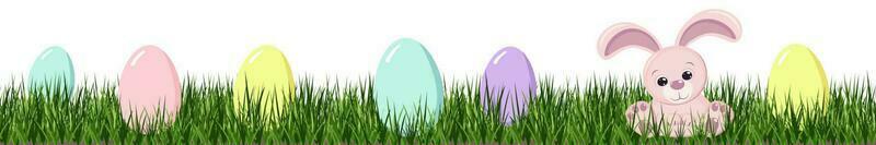ägg jaga Lycklig påsk söt rosa kanin kanin i de gräs. sömlös gräns isolerat på en vit bakgrund. en hälsning kort eller baner av ljus färger. vektor illustration i platt tecknad serie stil