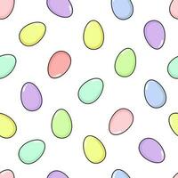 glücklich Ostern nahtlos Muster mit gemalt Eier. Spaß Urlaub Elemente im zart Farben - - Rosa, Blau, Gelb, lila, Grün, lila, Minze und Koralle. Platz Format, Vektor eben Illustration