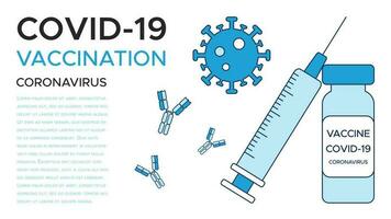 Banner covid-19 Impfung, Kalender, einer Ampulle von Impfstoff und ein Spritze, Coronavirus und Antikörper. ein medizinisch Poster Vorlage im Schatten von Blau. Vektor Illustration isoliert auf ein Weiß Hintergrund.