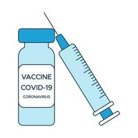 begrepp covid-19 vaccination, ett ampull av vaccin och en spruta, en medicinsk affisch i nyanser av blå. vektor illustration i de stil av en platt ikon isolerat på en vit bakgrund.