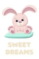 Lycklig påsk söt rosa kanin kanin på de blå kudde med de text ljuv drömmar. en hälsning kort eller baner av ljus färger. vektor illustration i platt tecknad serie stil isolerat på en vit bakgrund.