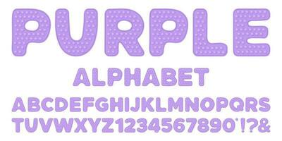 popping leksak font design - lila alfabet och tal uppsättning i stil av trendig kisel fidget leksaker i pastell färger. bubbla sensorisk brev. isolerat tecknad serie vektor illustration.