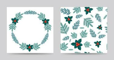 glad jul hälsning kort och sömlös mönster med vinter- växter krans i de retro stil. stock vektor illustrationer med botanisk symboler av Semester - tall, kon, gren, bär.