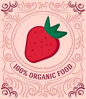 vintage etikett med jordgubbar och bokstäver 100 procent ekologisk mat vektor