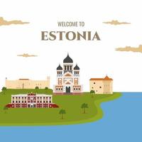 Estonia Land Magnet Design-Vorlage mit Wahrzeichen Gebäude. flache Karikaturart historische Sicht Showplace Website Vektor-Illustration. Welturlaubsreise Europa Europäische Sammlung vektor