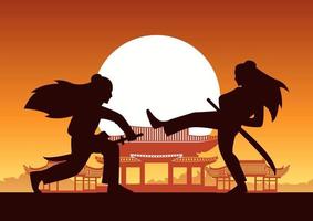 chinesische weibliche Kampfkunstkämpfer vor altem Gebäude vektor