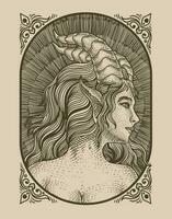 illustration demonisk flicka med antik gravyr stil vektor