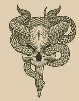 Illustration dämonisch Schädel mit Schlange auf schwarz Hintergrund vektor