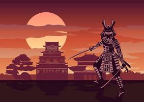 Ritter von Japan namens Samurai vor der Pagode vektor