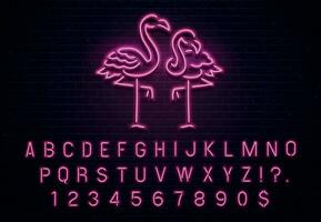 Flamingo Neon- unterzeichnen. Rosa 80er Jahre Schriftart. tropisch Flamingos elektrisch glühen Bar Plakatwand mit lila Licht Birne Briefe Vektor Illustration