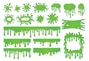 tecknad serie flytande slem. grön gegga måla droppar, läskigt stänk gräns och skrämmande halloween färga vektor uppsättning