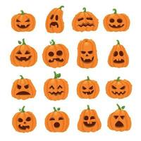 tecknad serie halloween pumpa. orange pumpor med träsnideri skrämmande leende ansikten. dekoration kalebass vegetabiliska Lycklig ansikte vektor ikon uppsättning